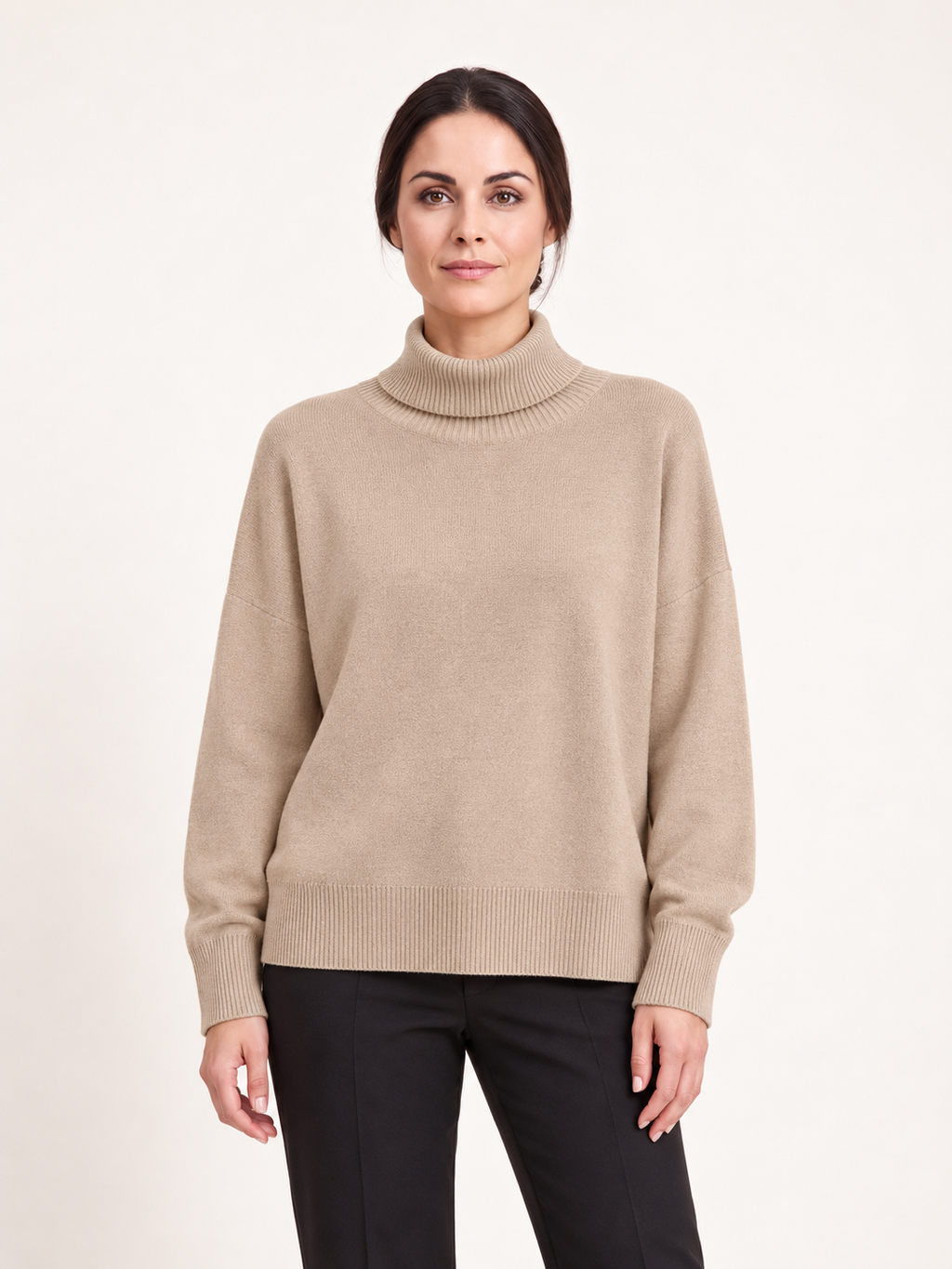 Soft turtleneck jumper — Taupe, Sofia, front view