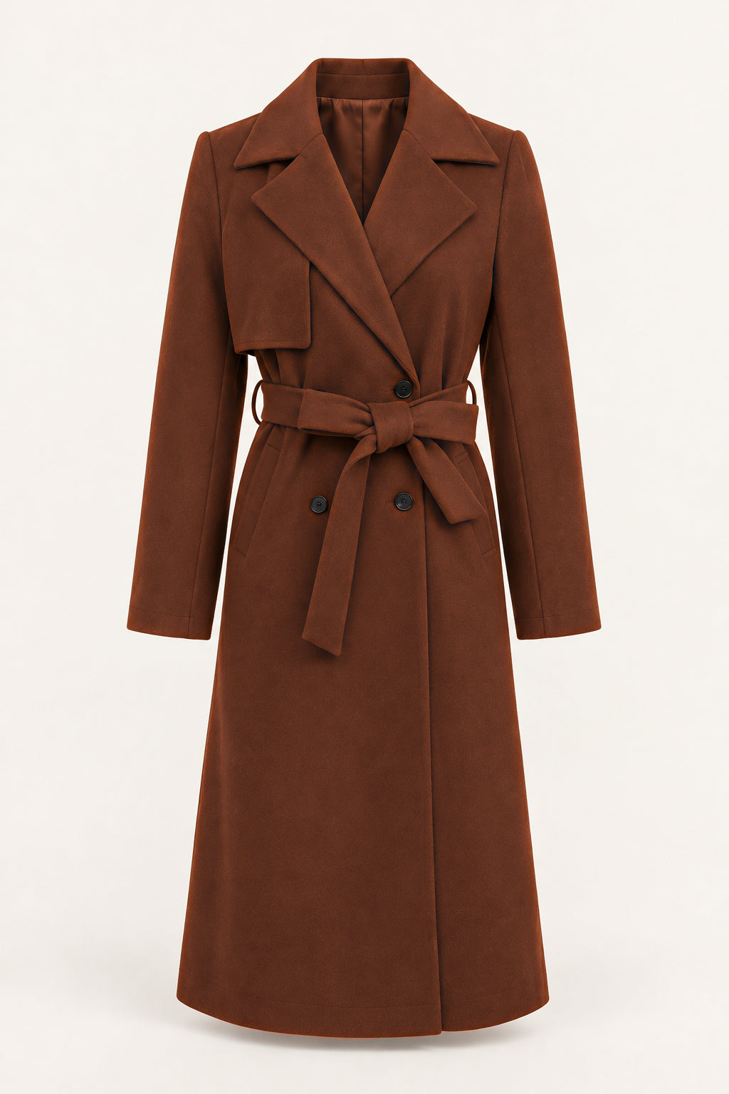 Cappotto lungo con cintura, vista frontale — Marrone