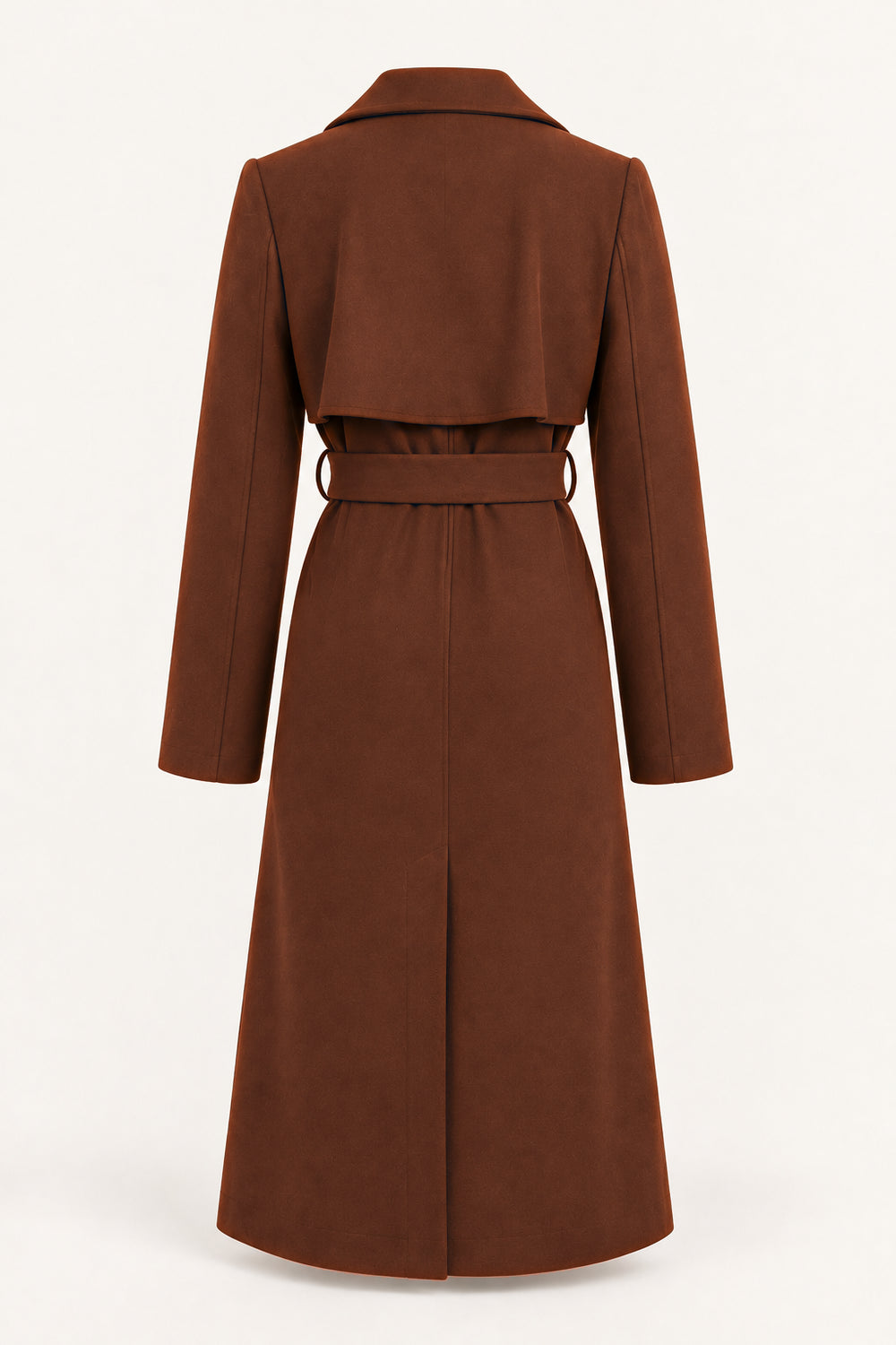 Cappotto lungo con cintura, vista posteriore — Marrone