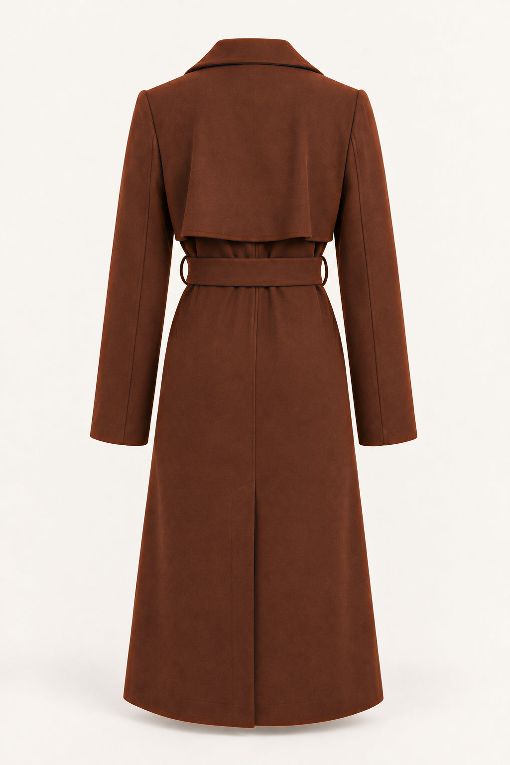 Cappotto lungo con cintura, vista posteriore — Marrone