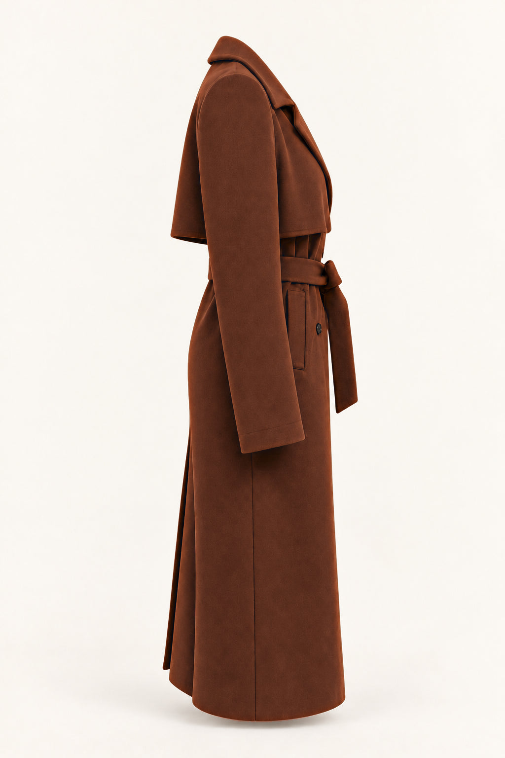 Cappotto lungo con cintura, vista laterale — Marrone