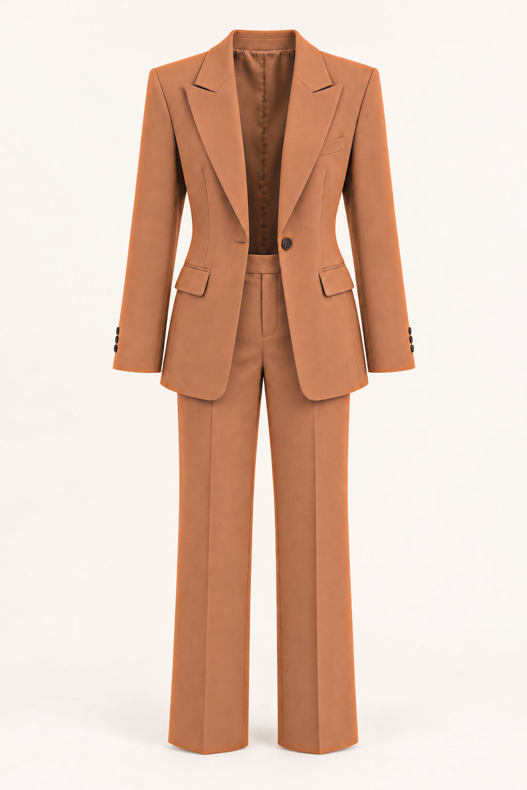 Completo monopetto con pantaloni dritti, Vista frontale senza modella — Cammello