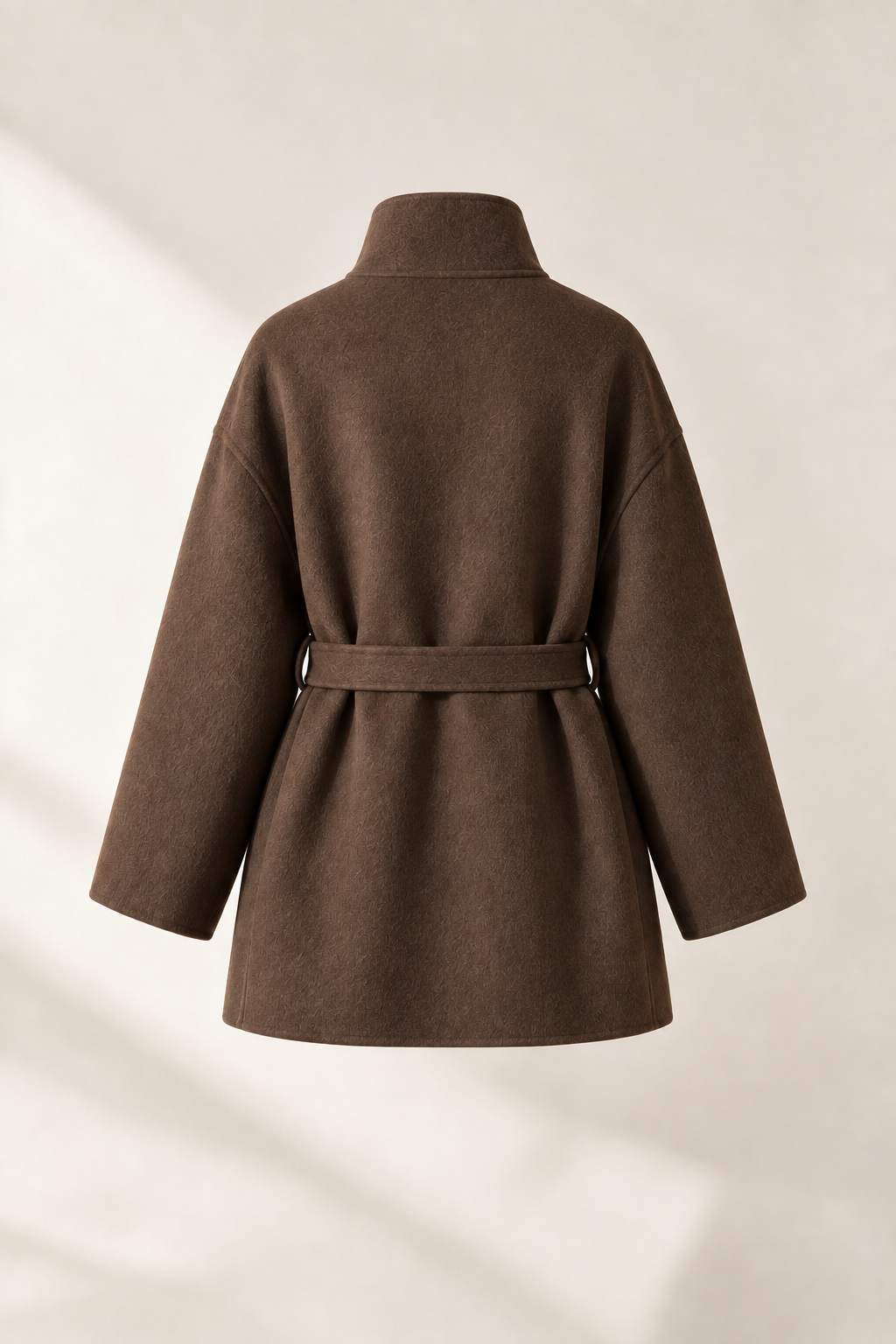 Short belted coat with stand collar — Brown, back view without model