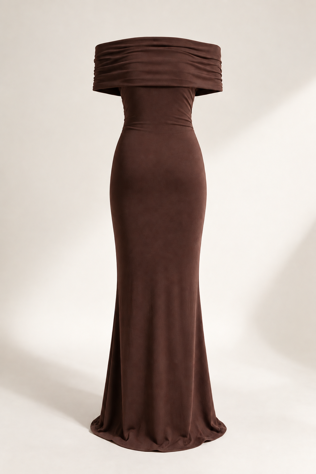Off-the-shoulder long dress — Chocolate, back view without model