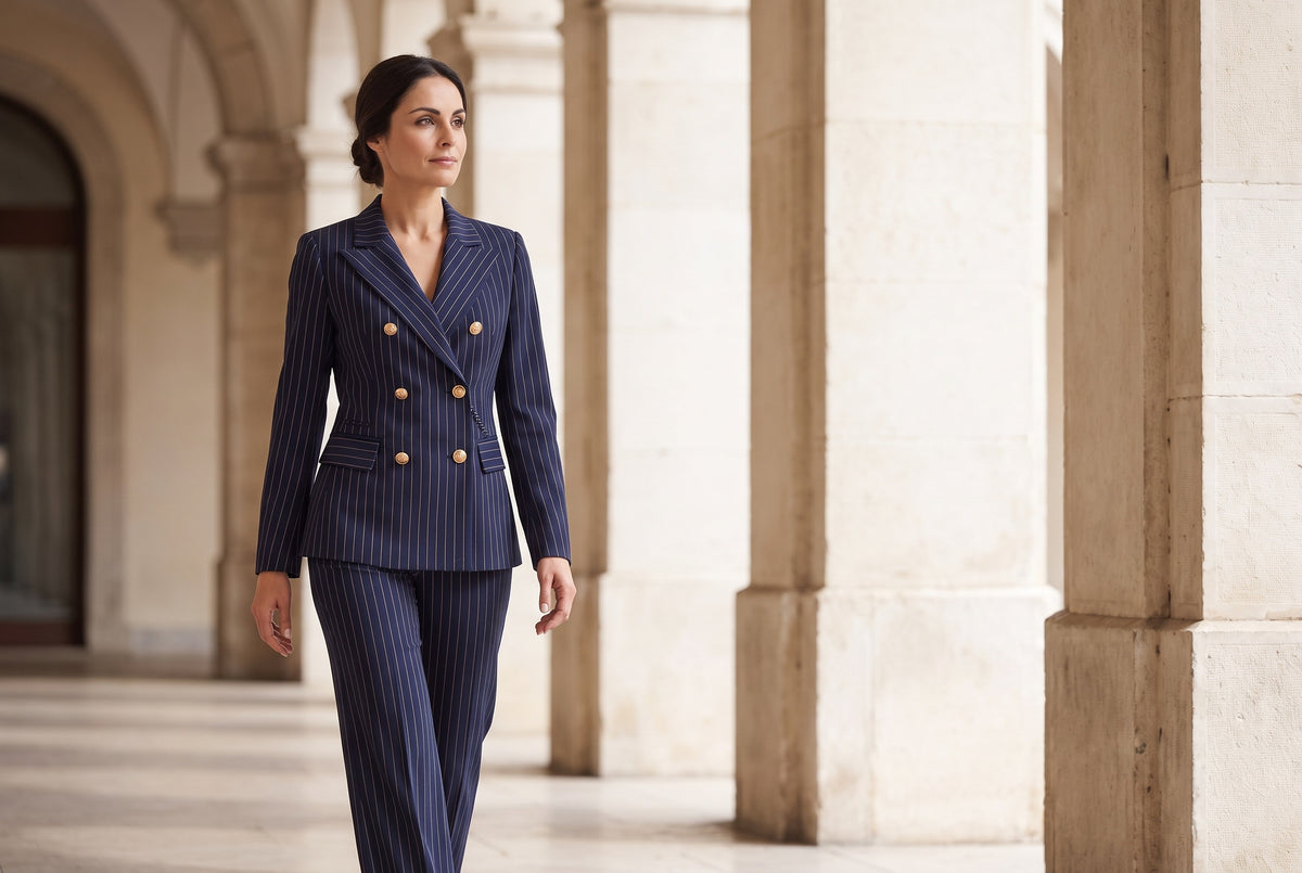 
Sofia in a midnight-blue pinstripe suit under a pale stone arcade.