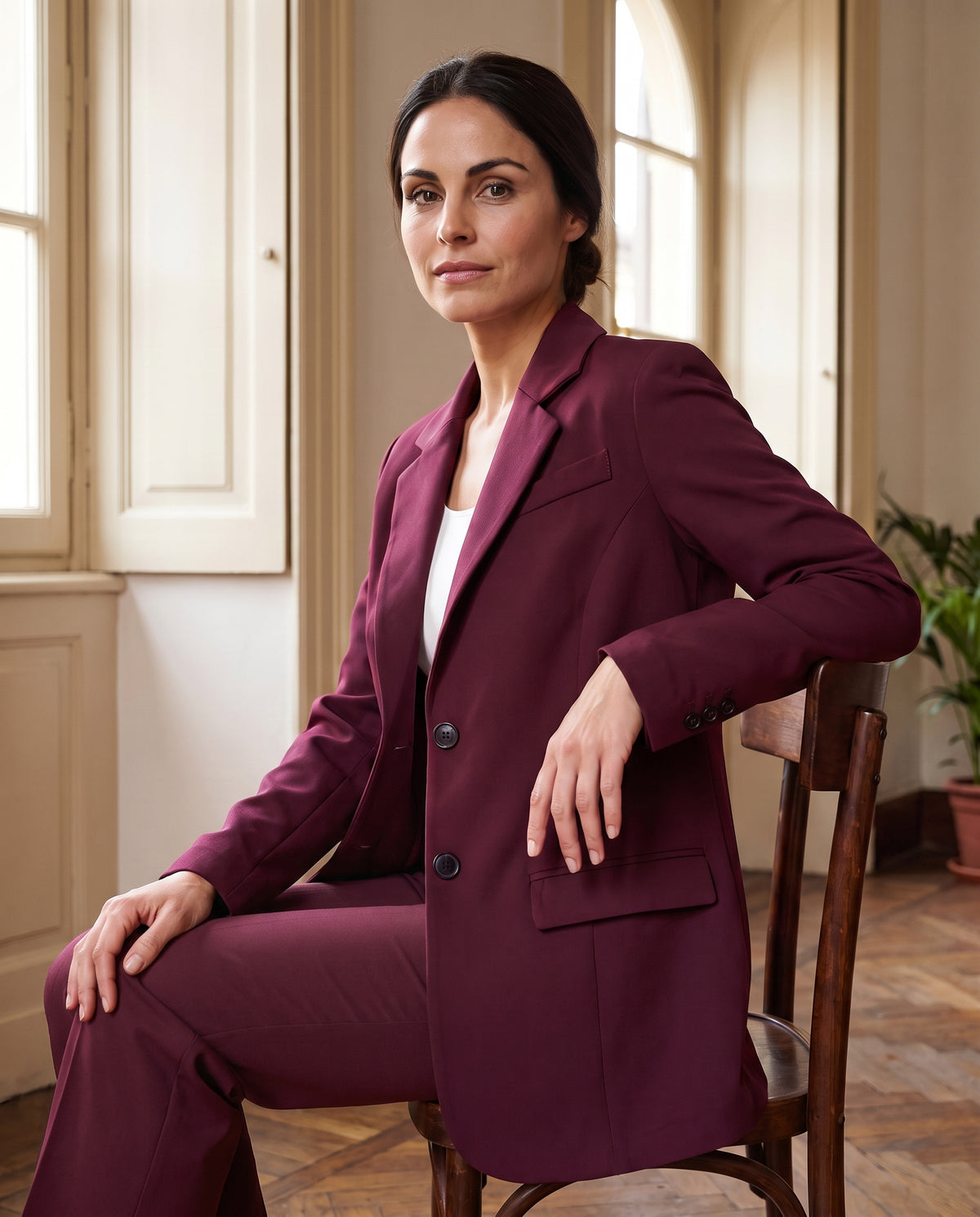 
Sofia wears a burgundy suit with matching trousers beside a window.