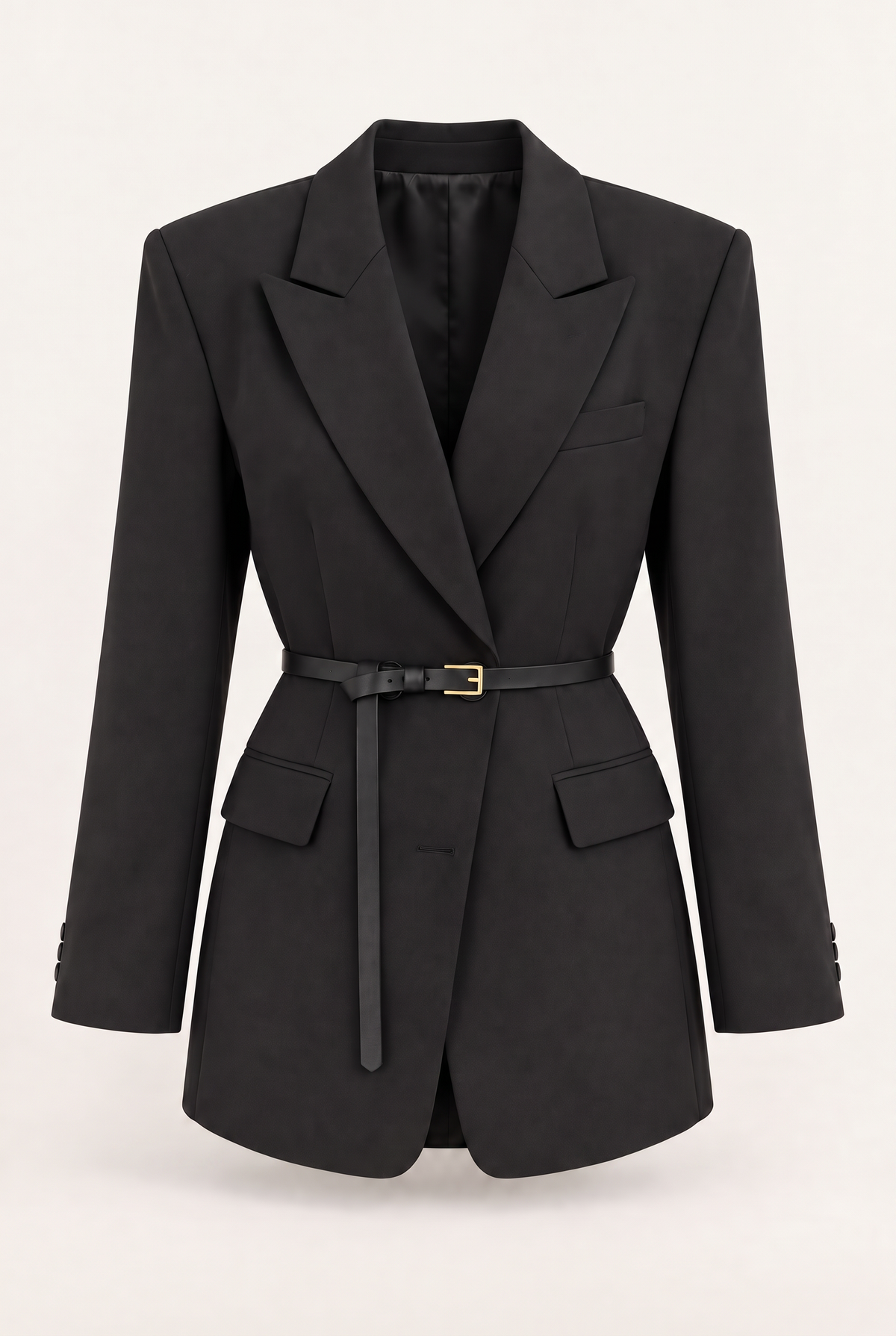 Black belted blazer — Black, front view with removable belt and gold-tone buckle