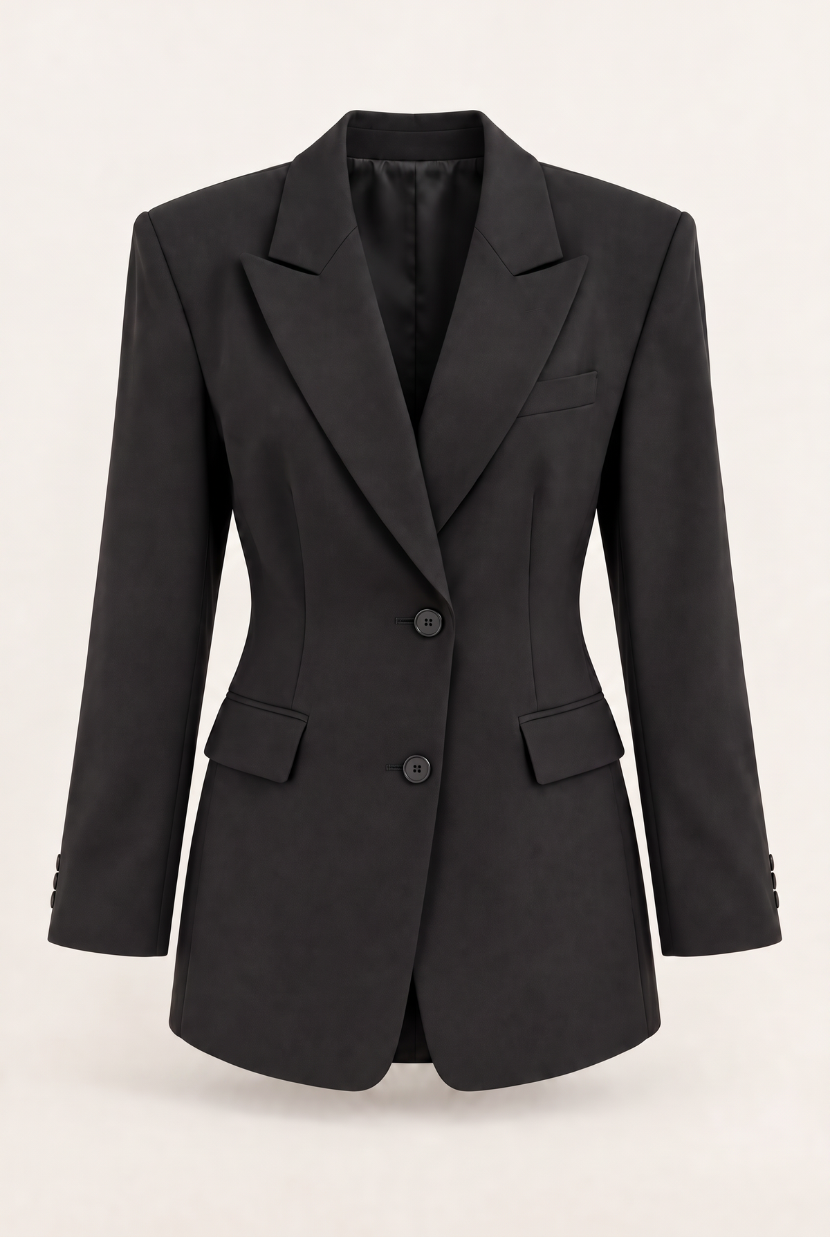 Black belted blazer — Black, front view without belt, two-button fastening