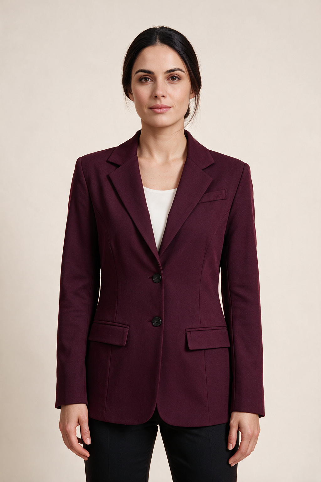 Two-button single-breasted blazer — Burgundy, worn by Sofia, front view