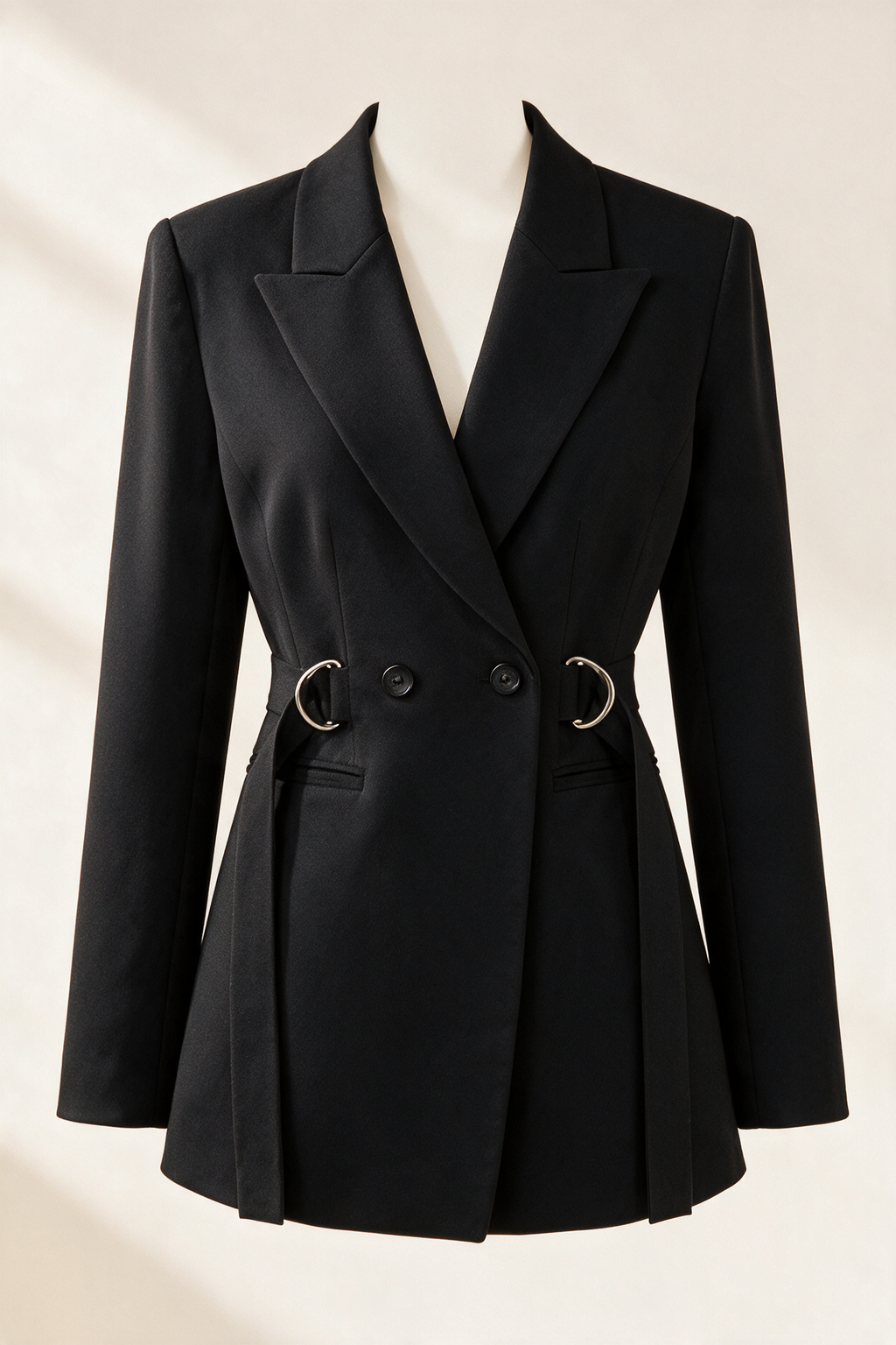 Fitted blazer with straps and rings — Black, front view