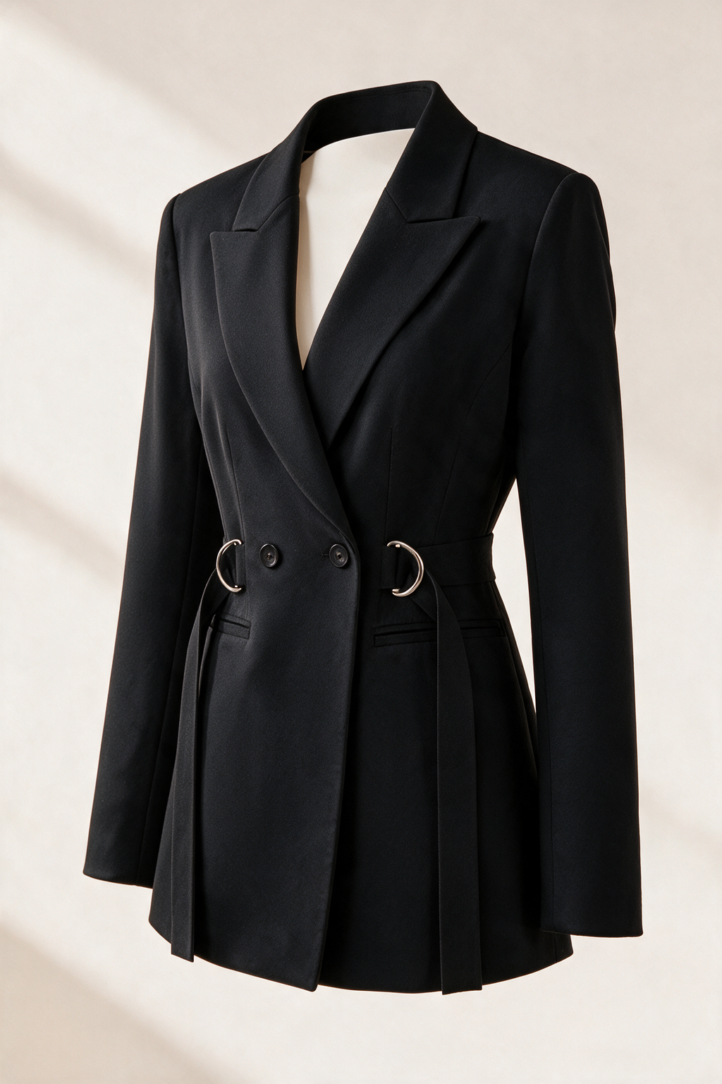 Fitted blazer with straps and rings — Black, three-quarter view