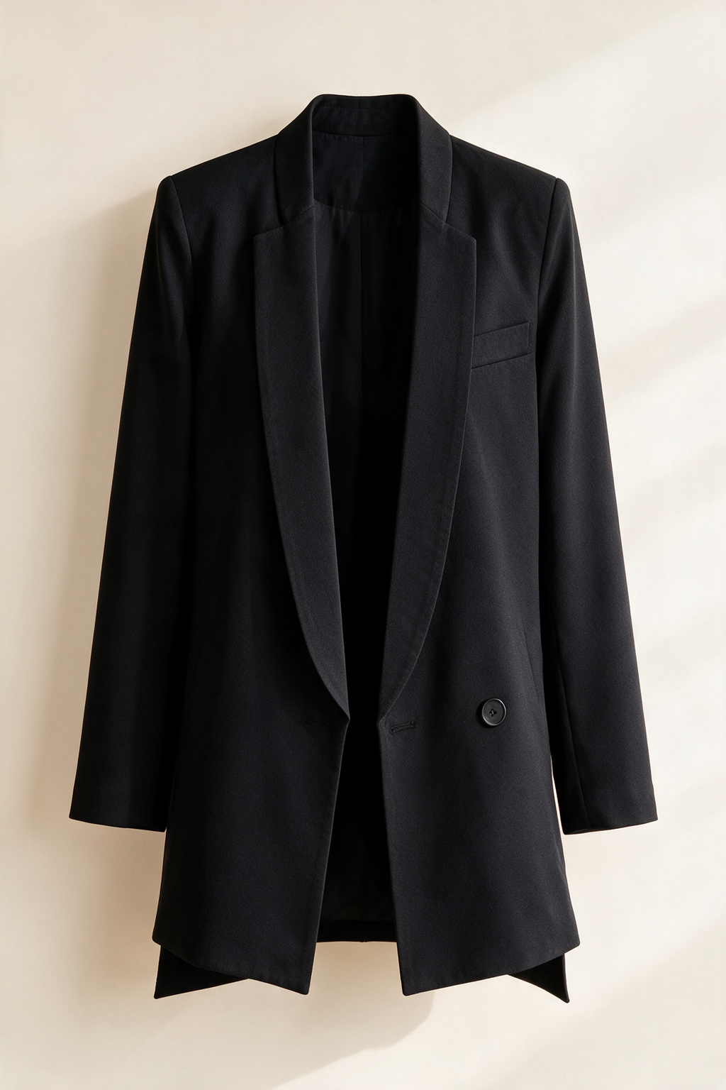 Long asymmetric blazer — Black, front view
