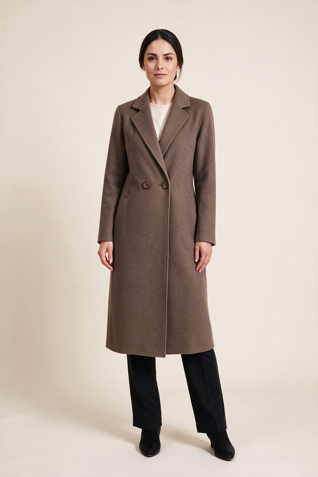 Essential midi coat — Taupe, worn by Sofia, front view