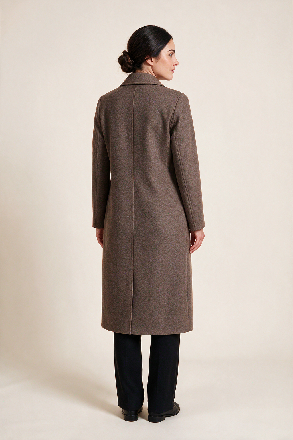 Essential midi coat — Taupe, worn by Sofia, rear view
