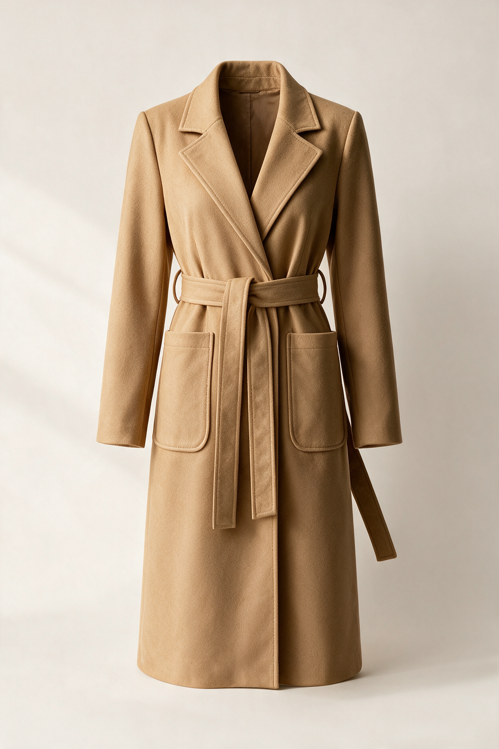 Belted coat with patch pockets — Golden camel, front view