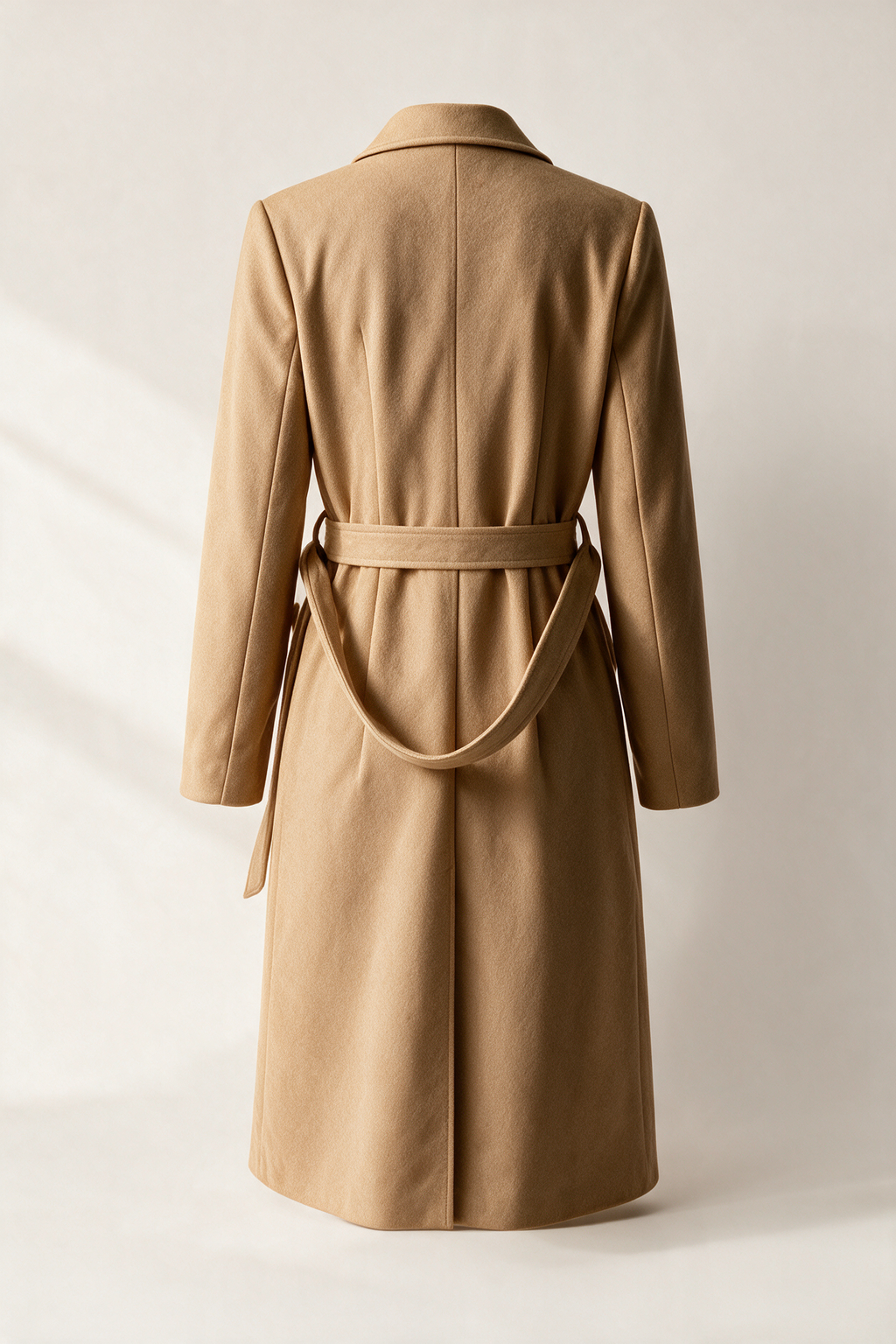 Belted coat with patch pockets — Golden camel, rear view