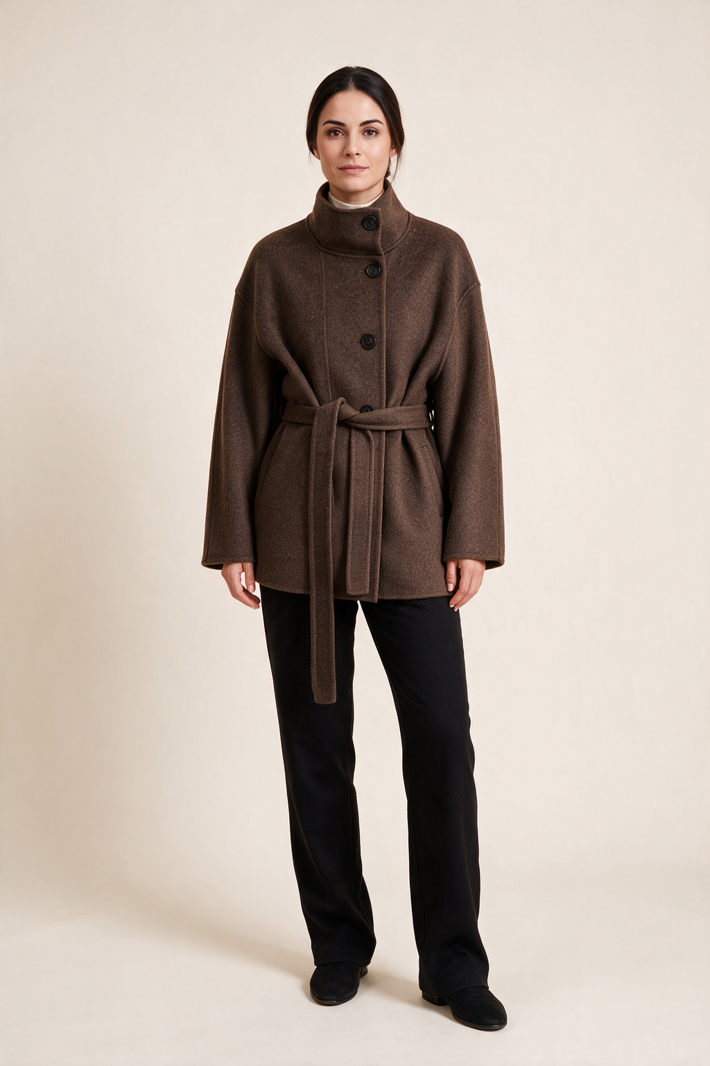 Short high-neck belted coat — Brown, worn by Sofia, front view