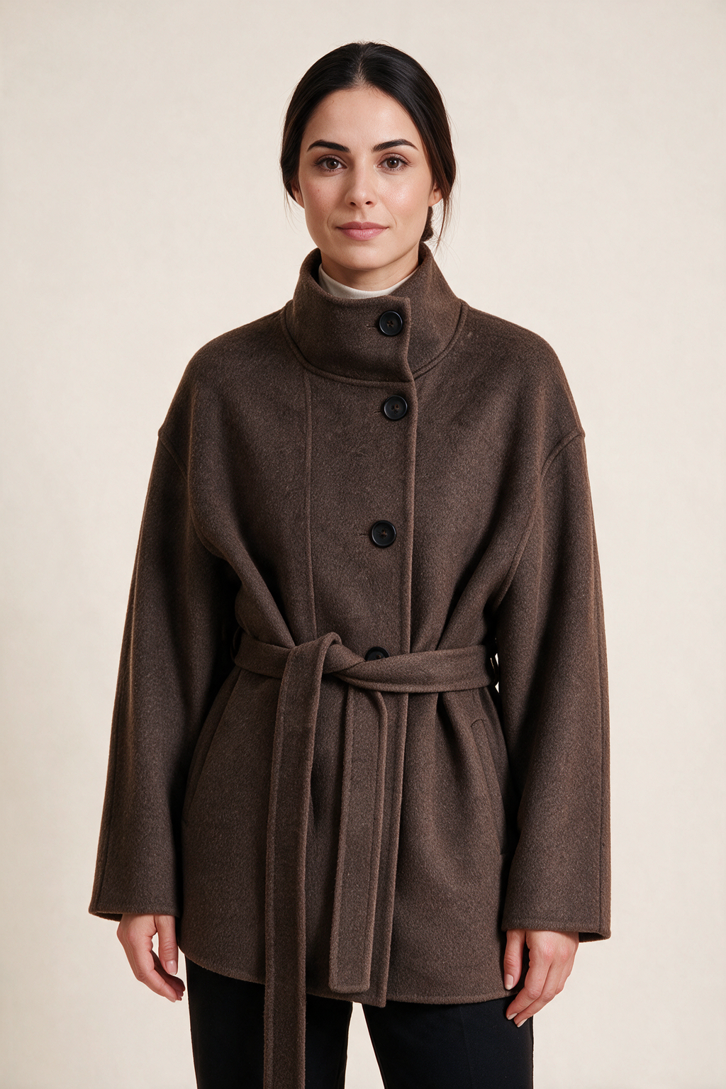 Short high-neck belted coat — Brown, worn by Sofia, detail