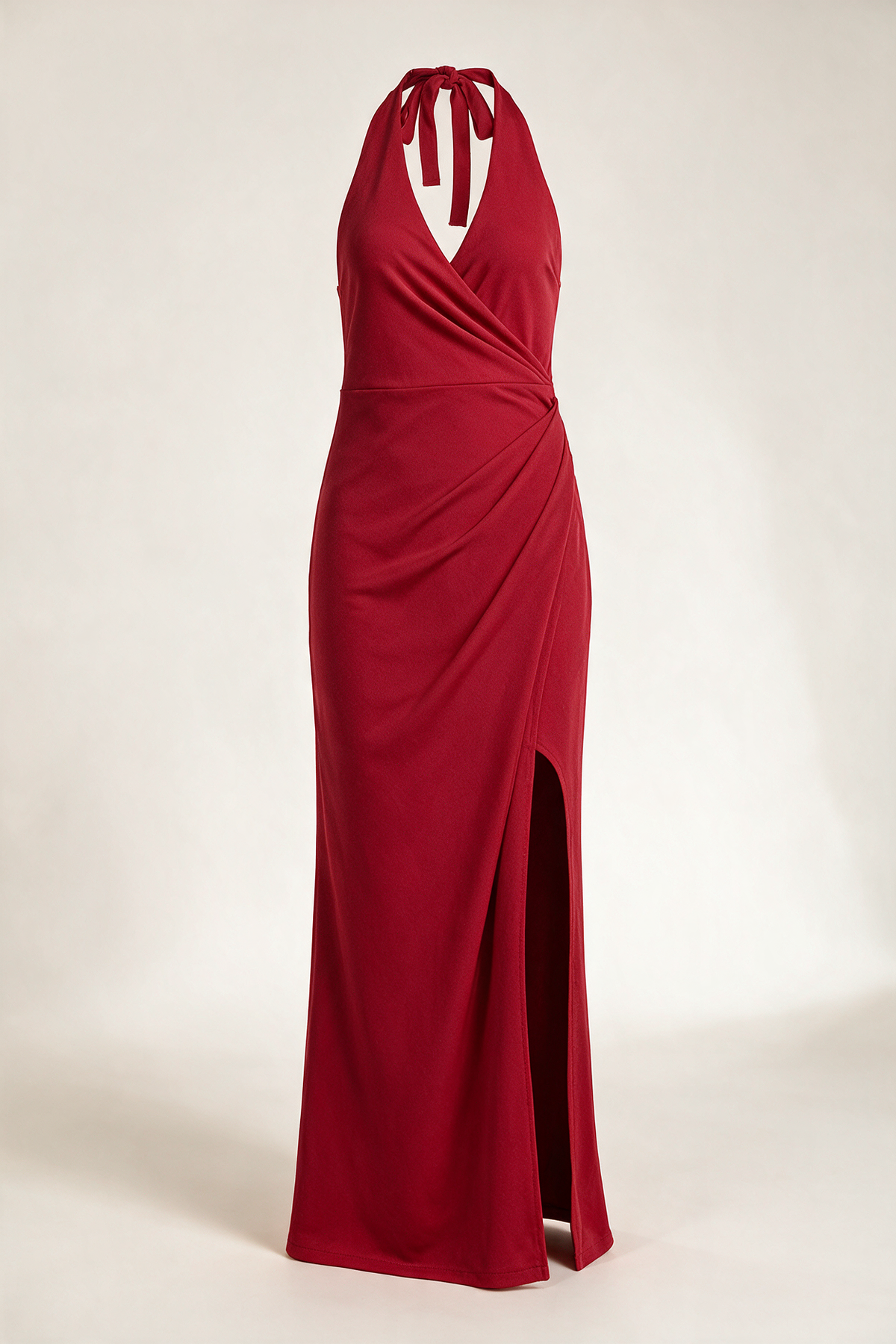 Abito lungo halter con spacco — Rosso, vista frontale