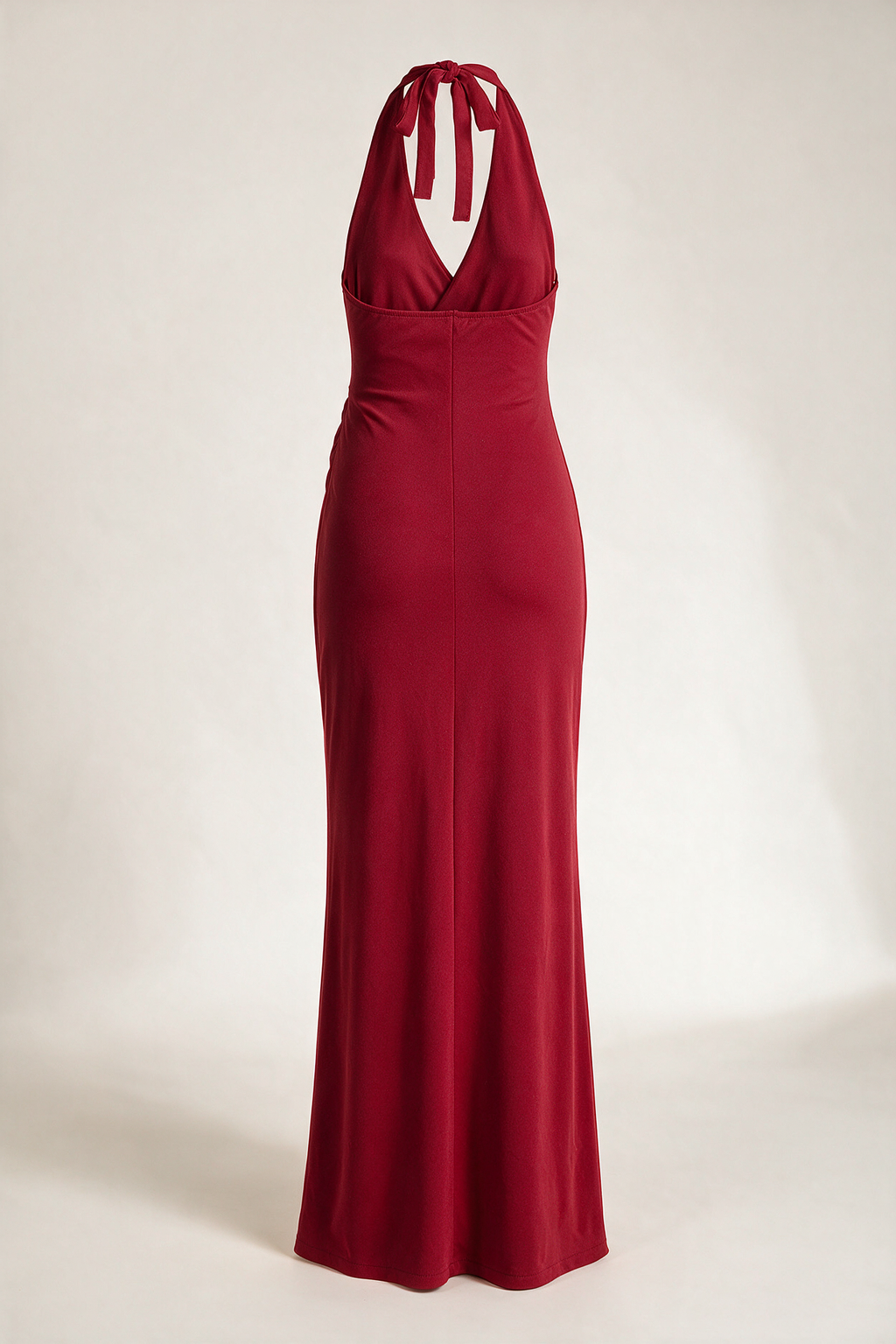 Long halter dress with slit — Red, rear view