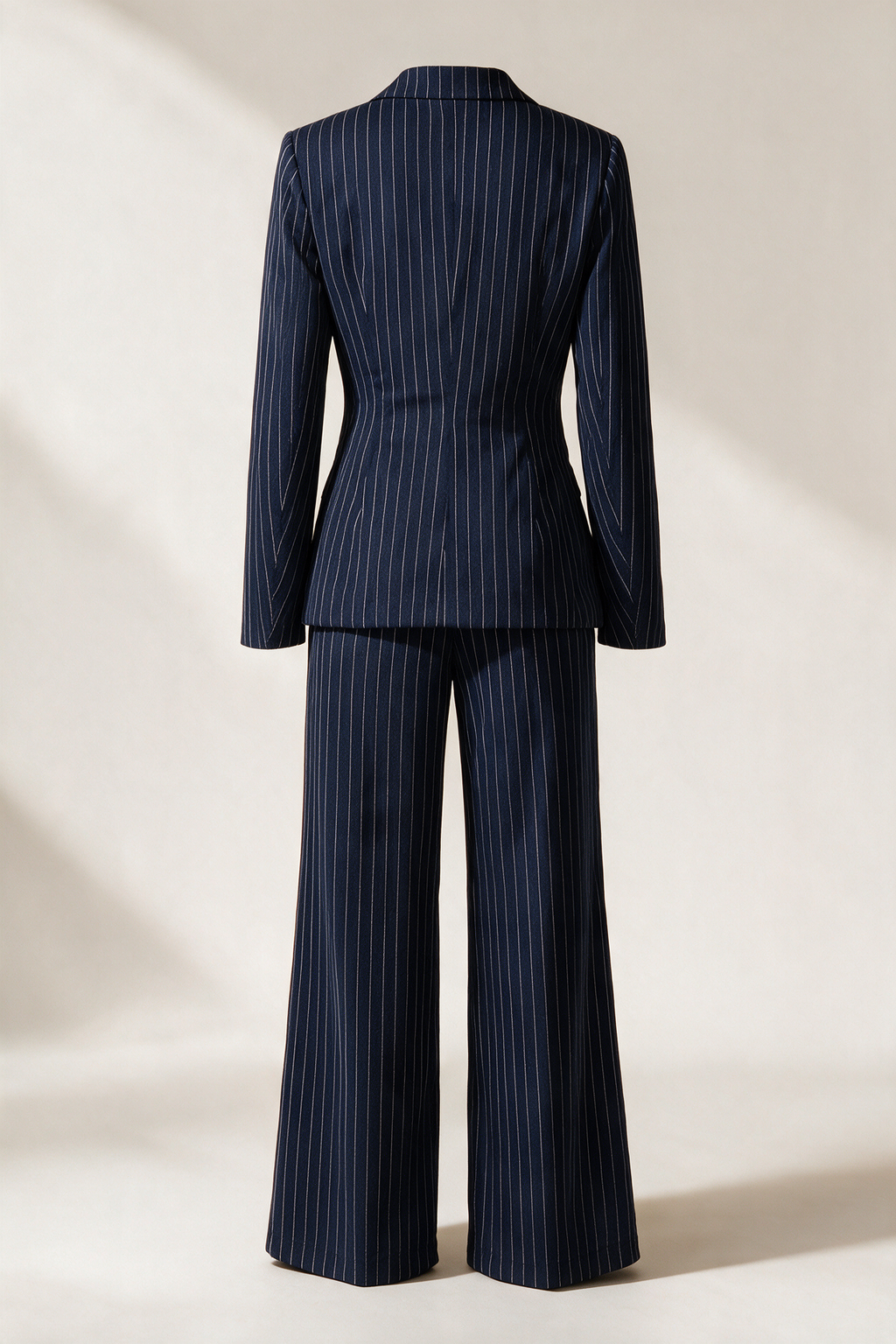 Double-breasted pinstripe suit — Midnight blue, rear view