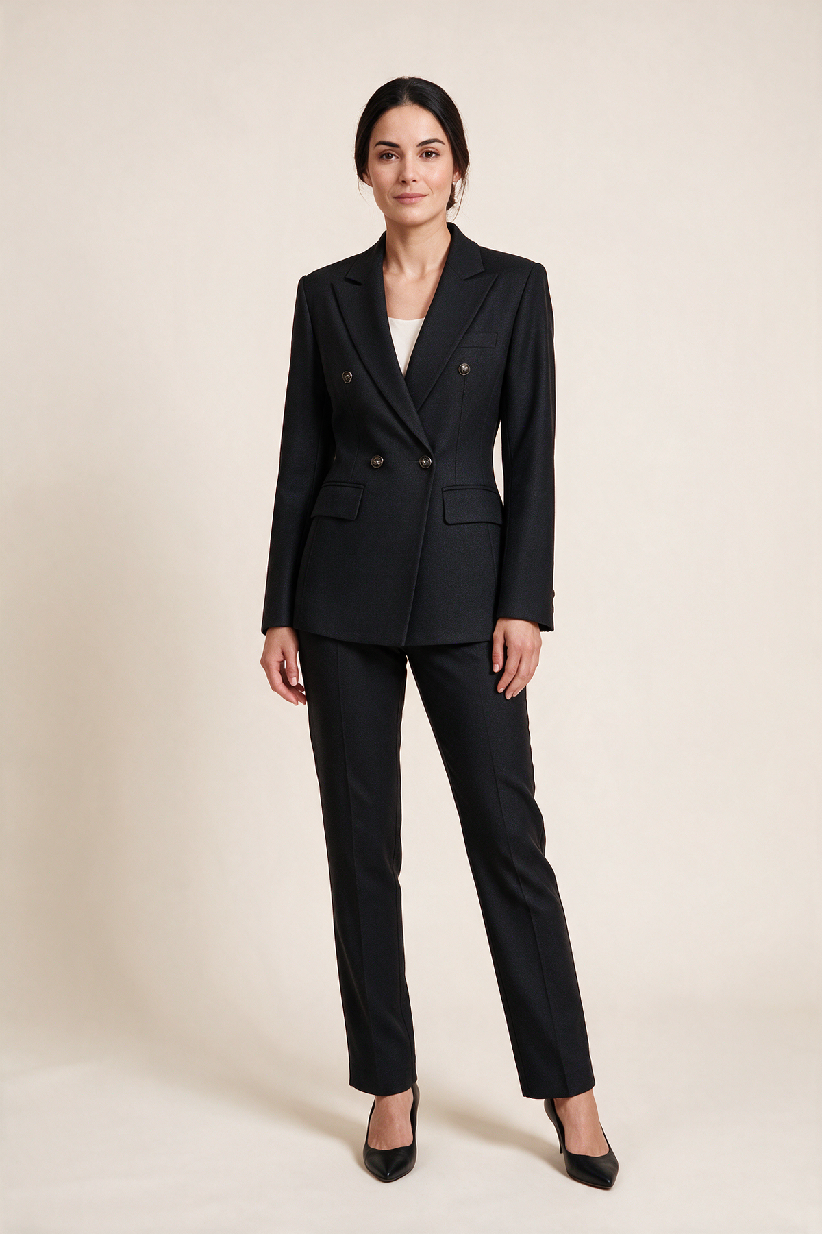 Double-breasted suit with ankle-length trousers — Black, worn by Sofia, front view