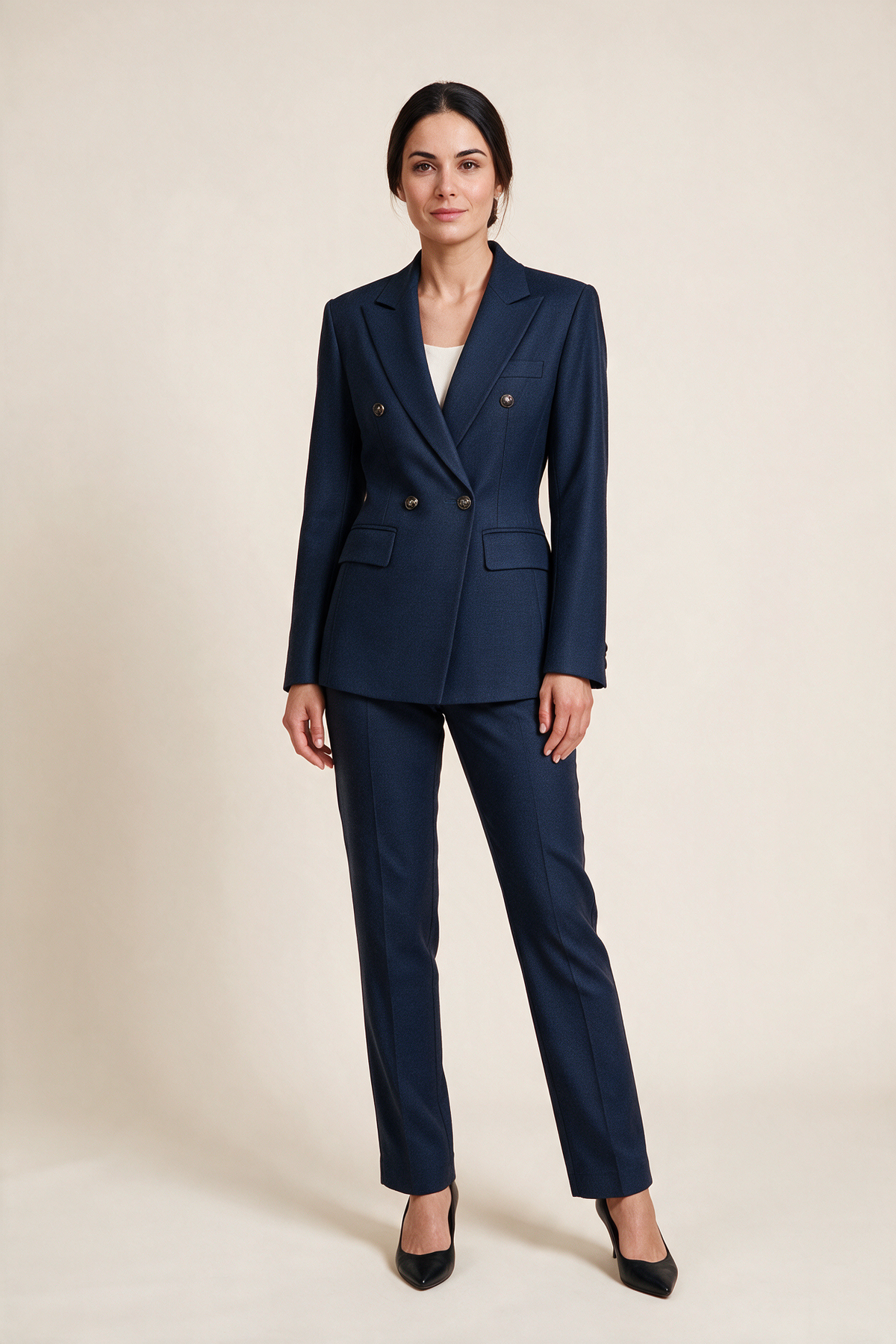 Double-breasted suit with ankle-length trousers — Midnight blue, worn by Sofia, front view