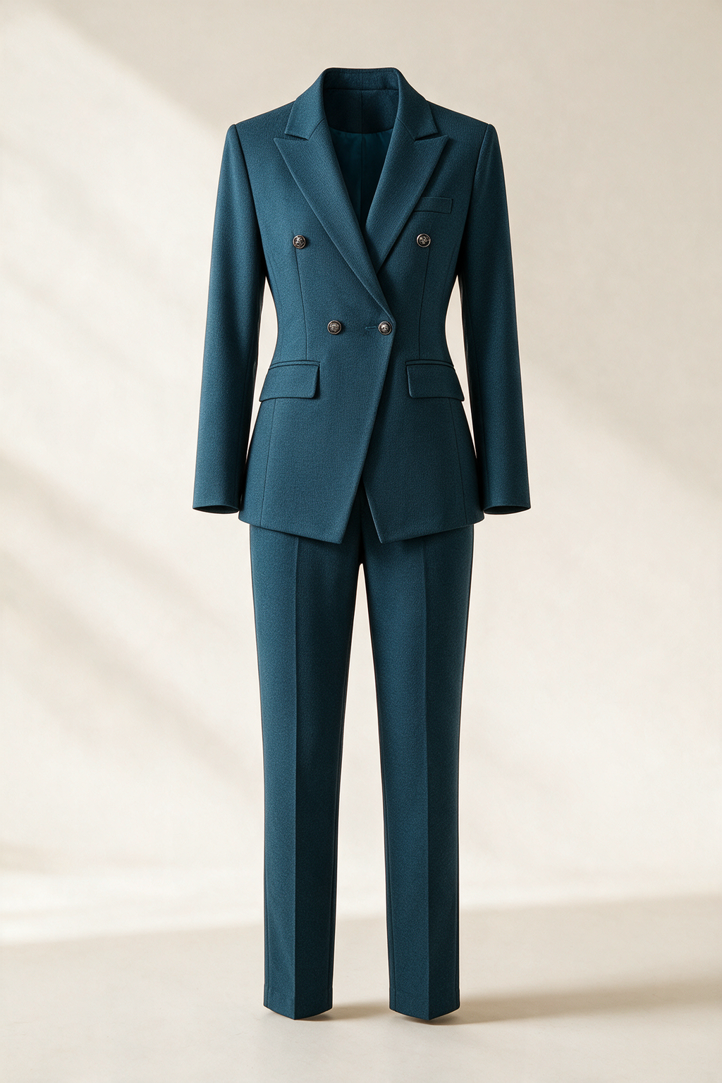 Double-breasted suit with ankle-length trousers — Petrol blue, front view