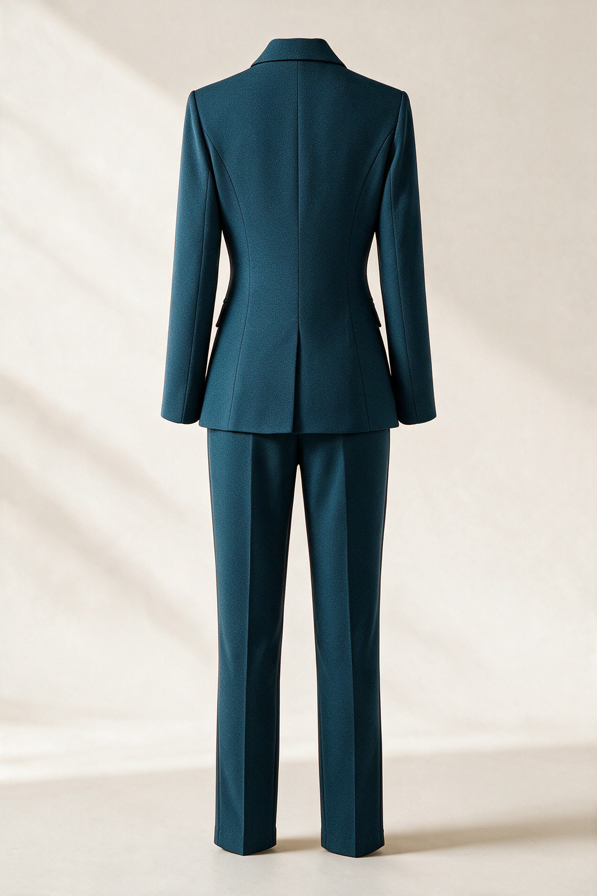 Double-breasted suit with ankle-length trousers — Petrol blue, rear view