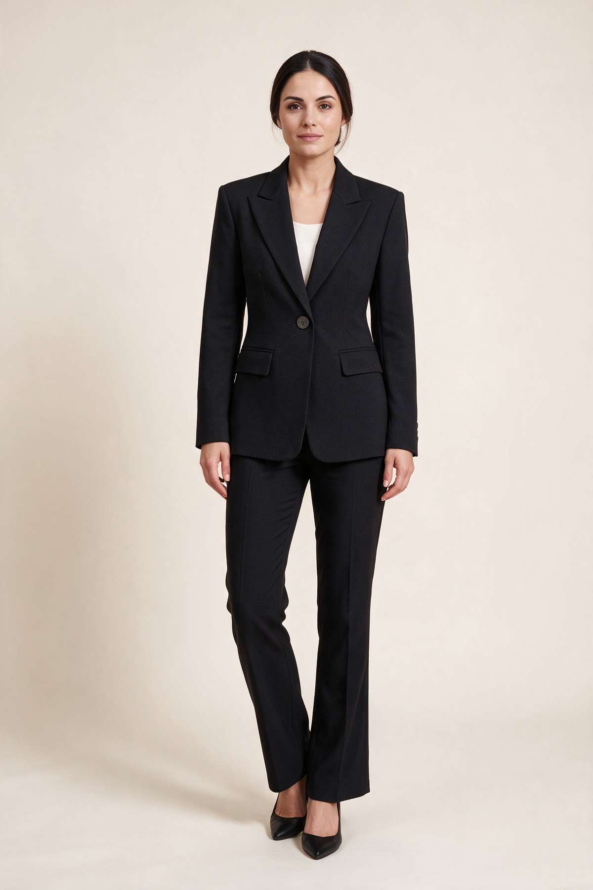 Single-breasted suit with flared trousers — Black, worn by Sofia, front view