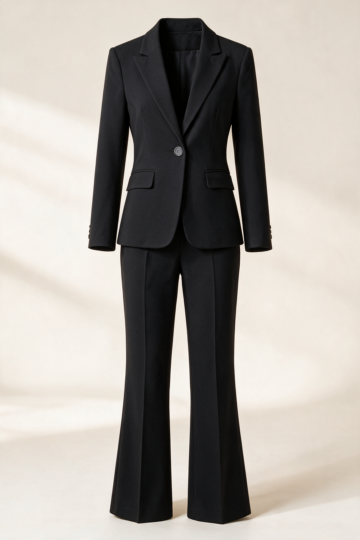 Single-breasted suit with flared trousers — Black, front view