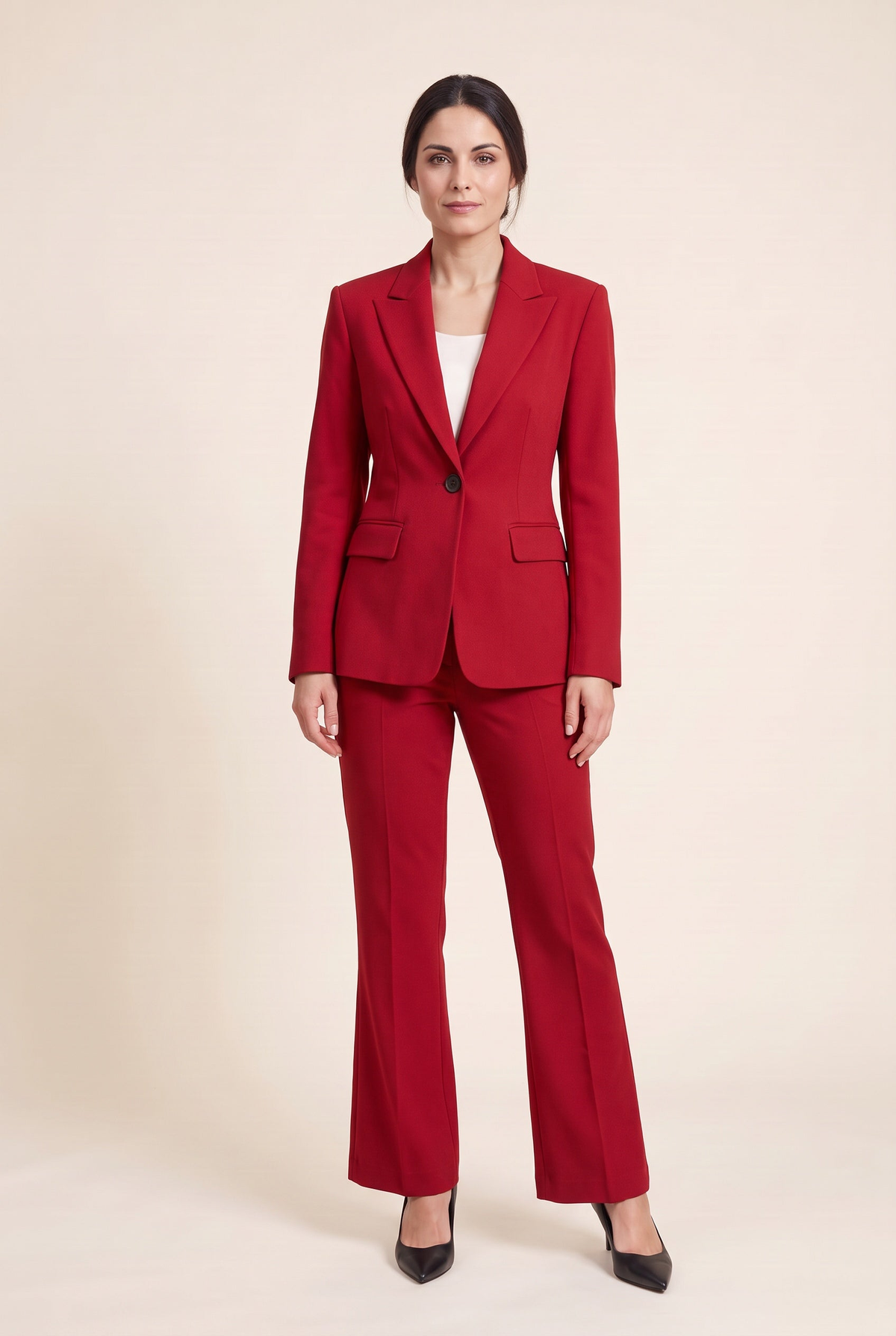 Single-breasted suit with flared trousers — Red, worn by Sofia, front view