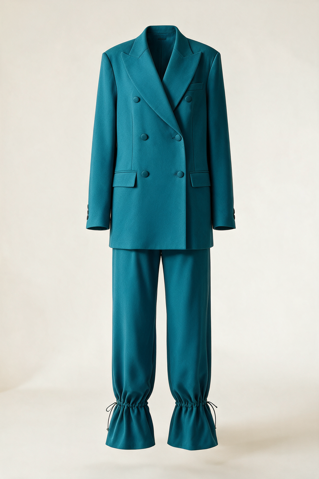 Double-breasted suit with gathered hems — Teal, front view
