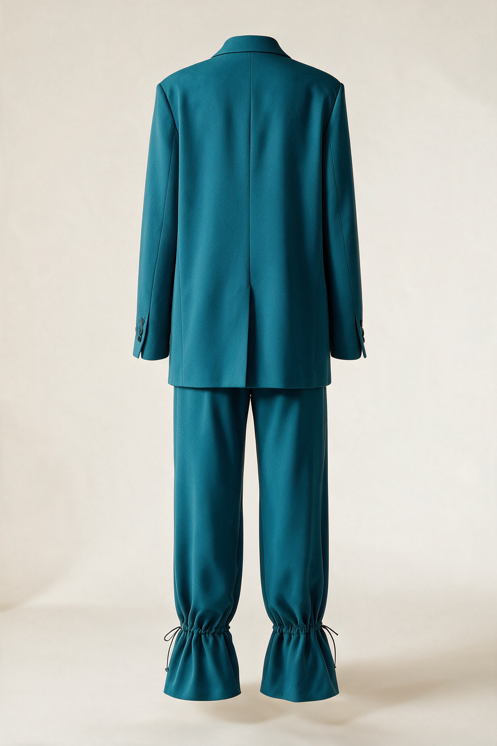 Double-breasted suit with gathered hems — Teal, rear view